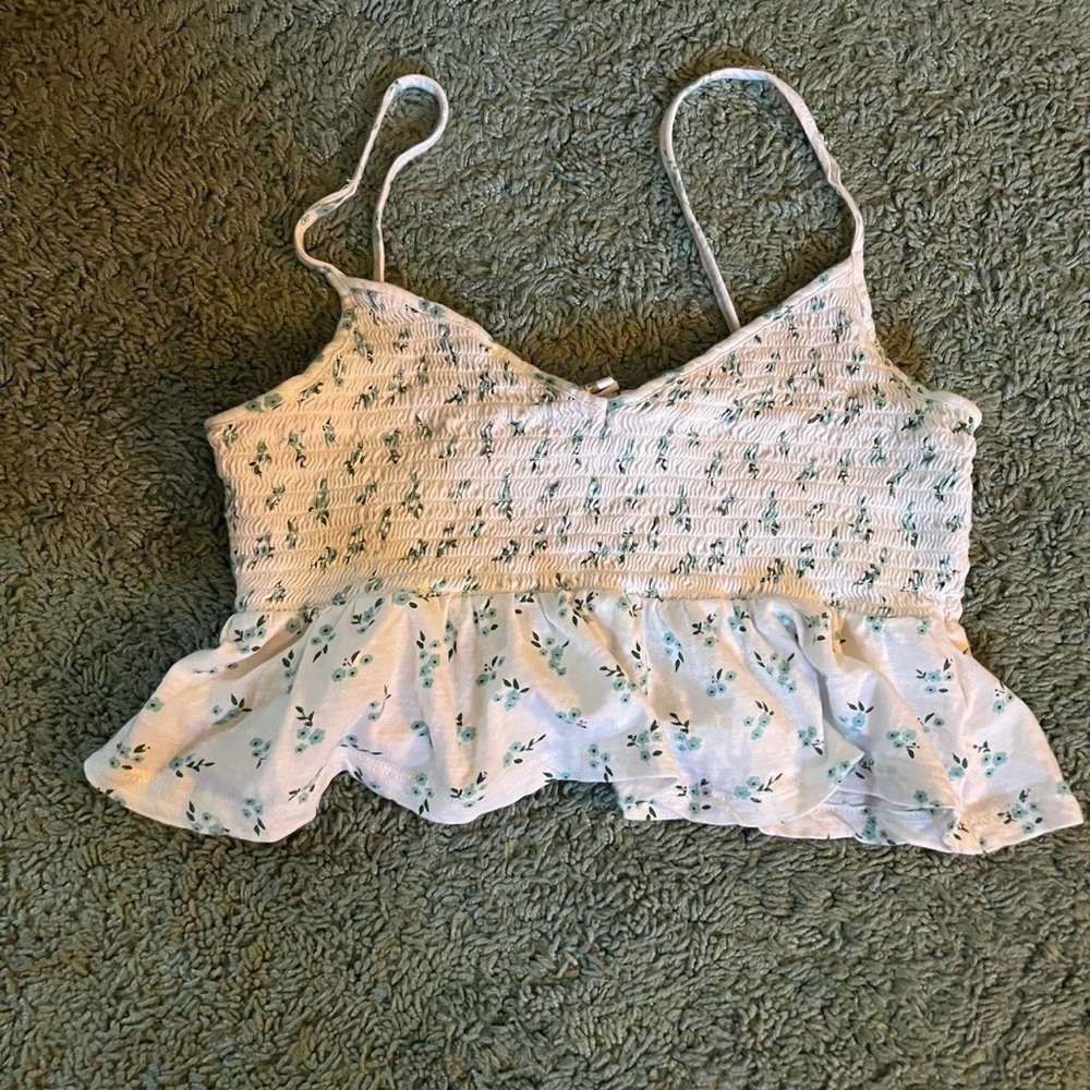 PacSun Cream and Green Floral Ruffle Crop Top